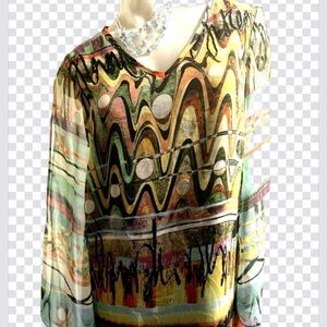 Women’s Dusak Designs Black And Aqua Blue Long Sleeve Lined Top Size Medium 8 10